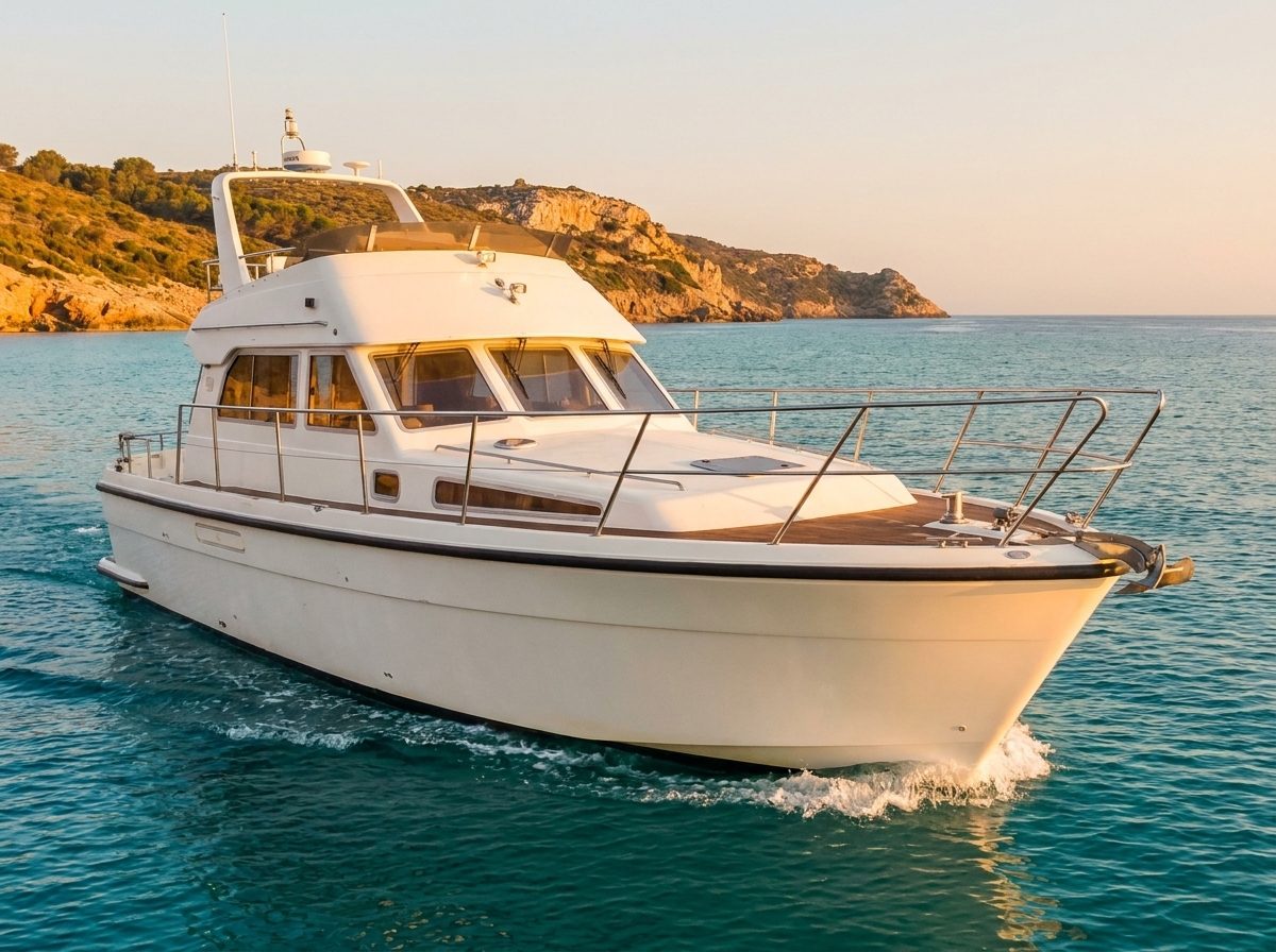 The same motor yacht cruising at golden hour
