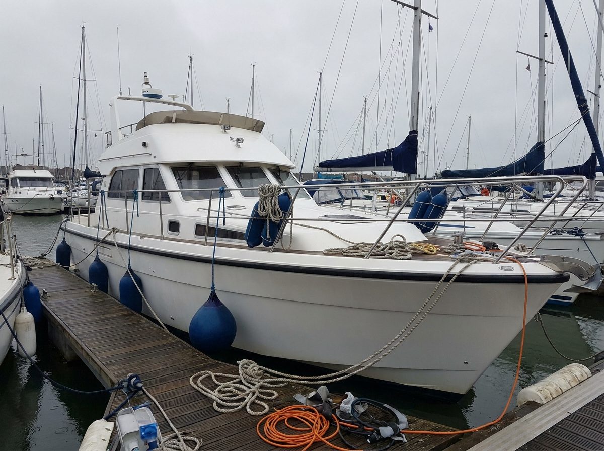 The motor yacht moored in a grey marina